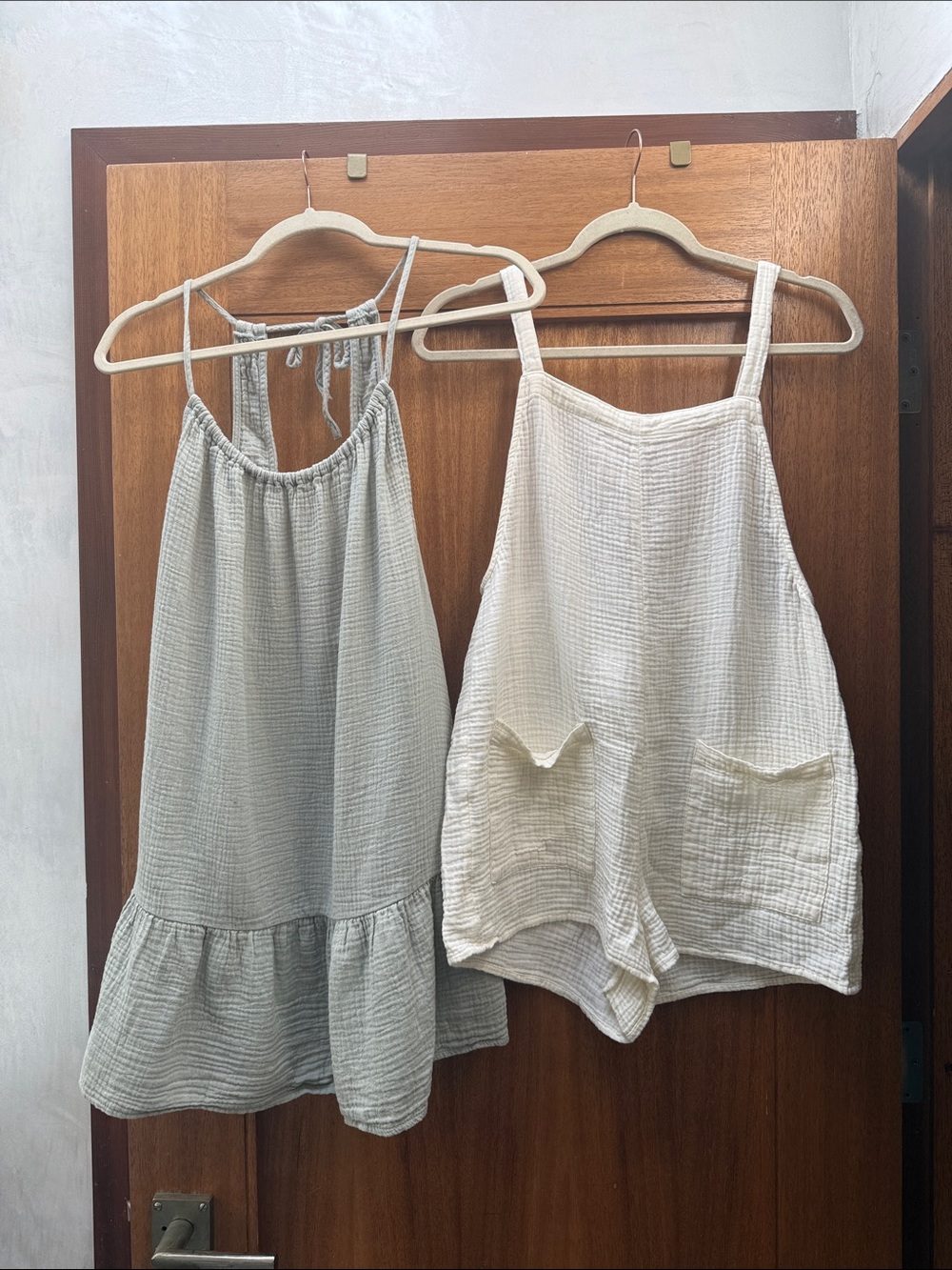 Women's Cotton Gauze Romper (m) and Dress (l) Set - White & Sage Green